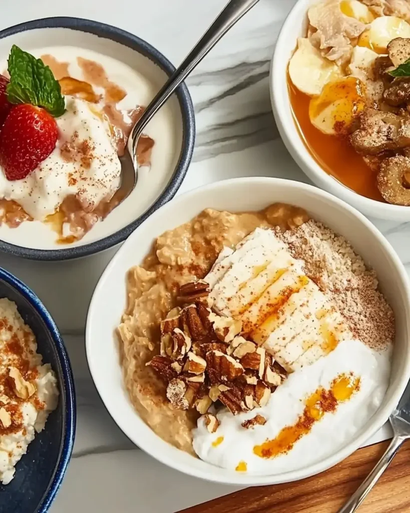 Diabetic-friendly breakfast bowls with oats, yogurt, fruit, nuts, and cinnamon β naturally sweet and balanced for the morning
