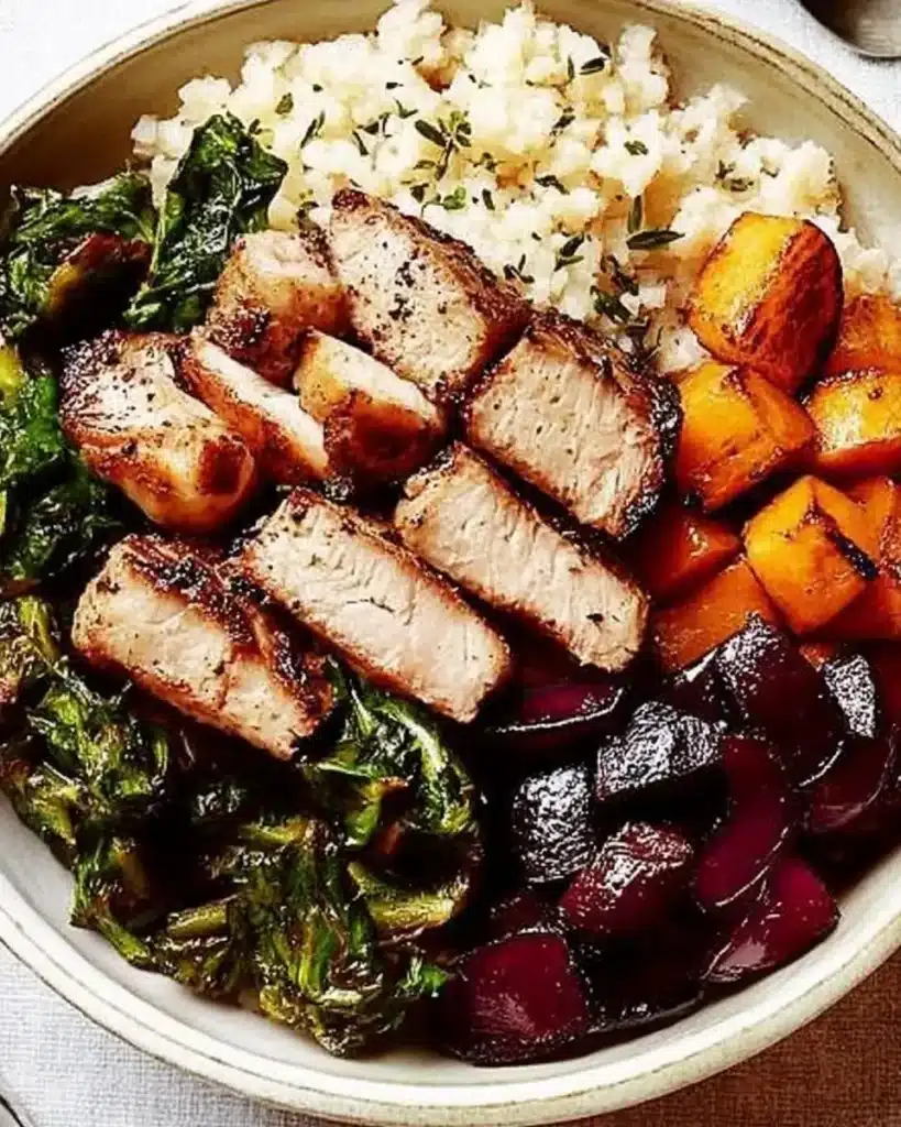 Grilled chicken with roasted vegetables, cauliflower rice, and greens — a balanced diabetic-friendly lunch or dinner plate