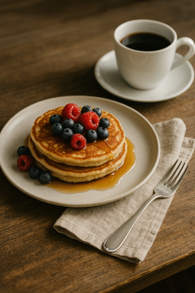 Rustic breakfast plate with golden pancakes and hot coffee