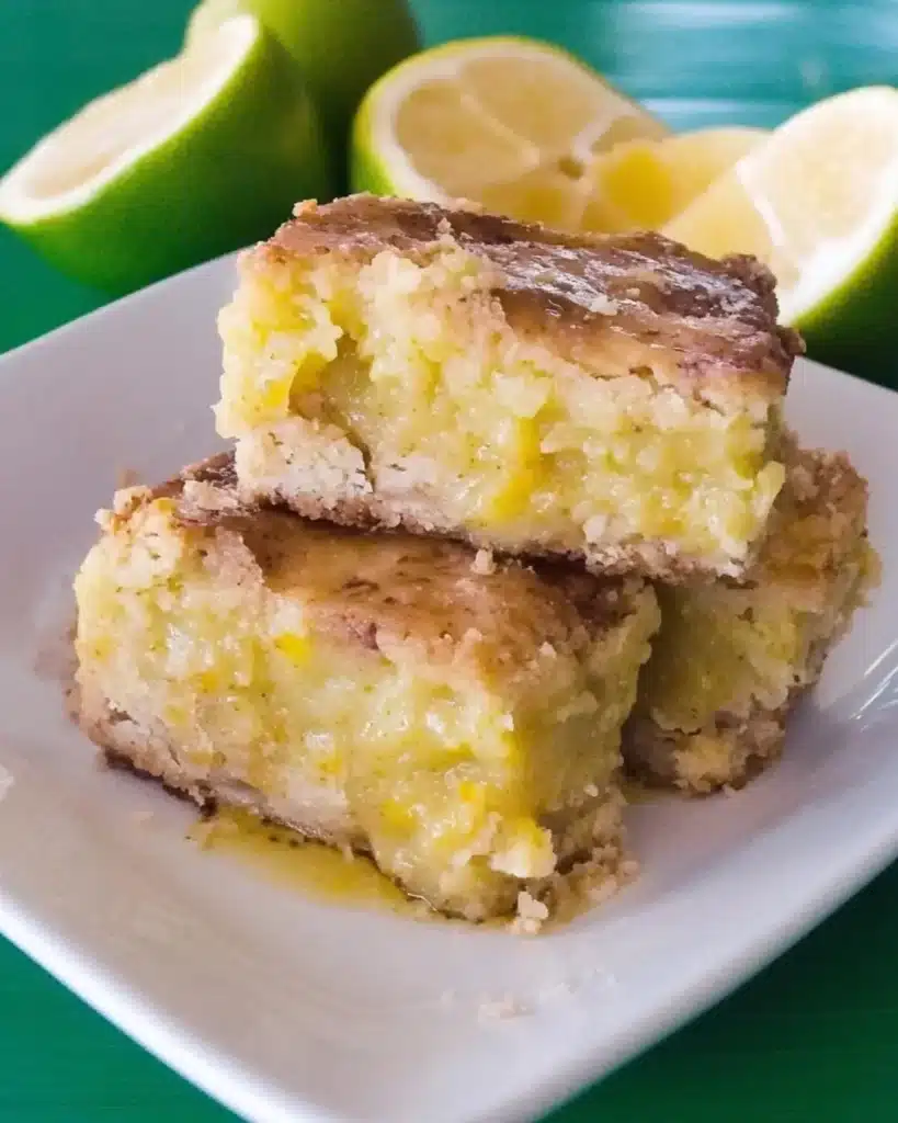Thick stacked coconut lime bars with lime halves in background