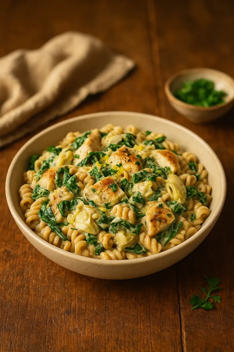 spinach artichoke dip pasta with chicken on rustic table