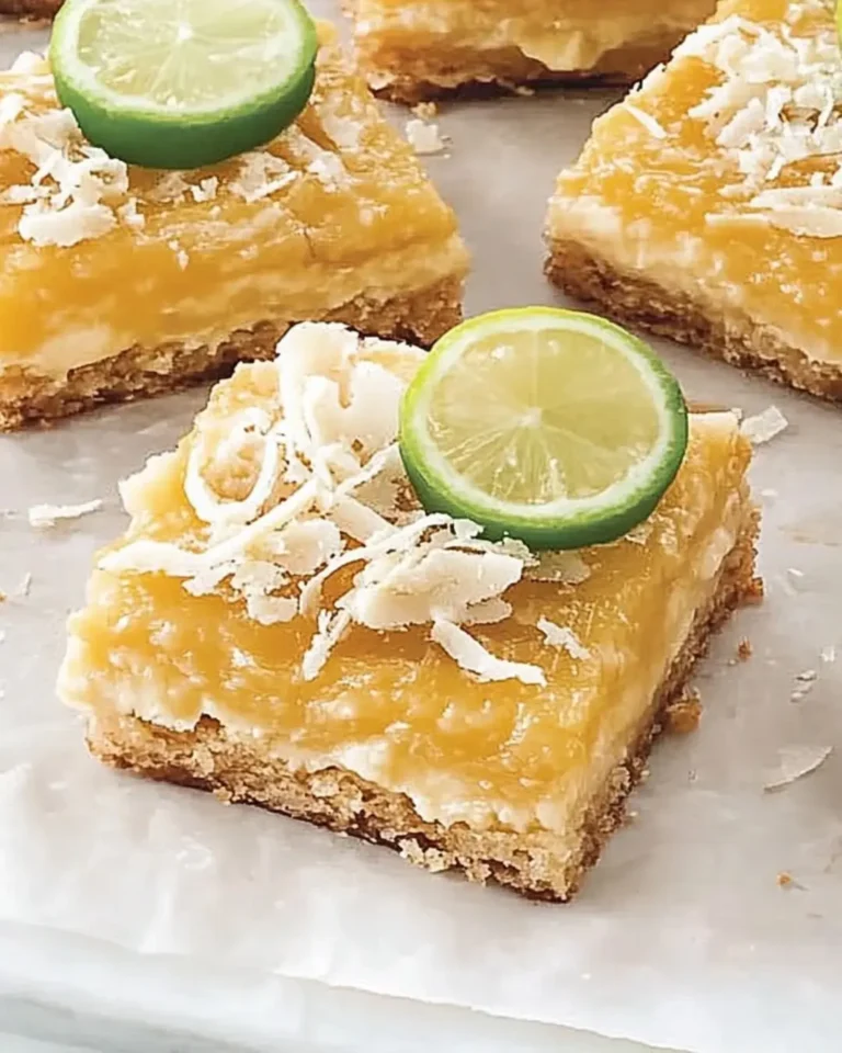 Coconut lime bar topped with shredded coconut and lime slice