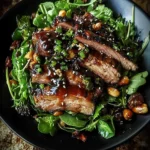 Teriyaki-glazed beef slices over mixed greens with sesame and peanuts