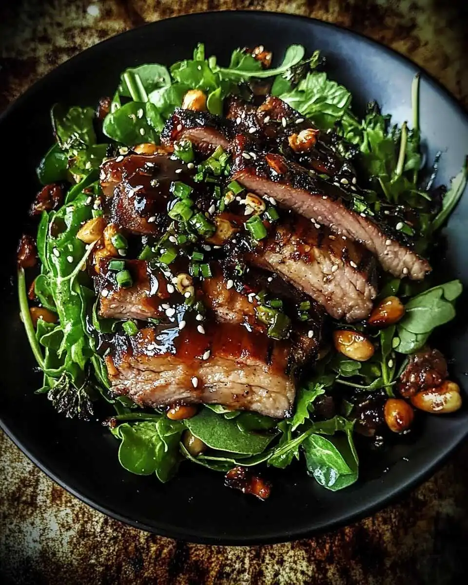 Teriyaki-glazed beef slices over mixed greens with sesame and peanuts
