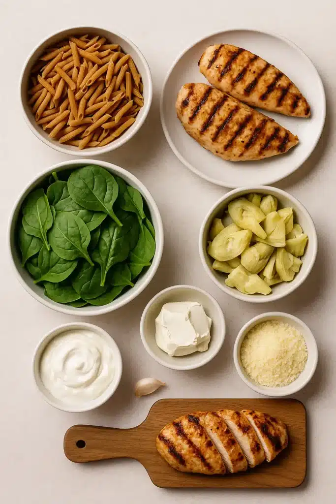 spinach artichoke pasta ingredients displayed