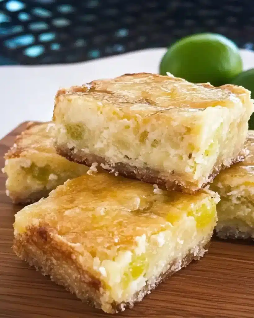 Coconut lime bars with glossy top and dense, moist filling