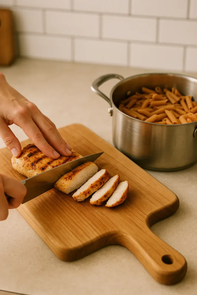 slicing chicken and cooked pasta for dip pasta