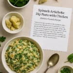 spinach artichoke dip pasta with chicken recipe card layout