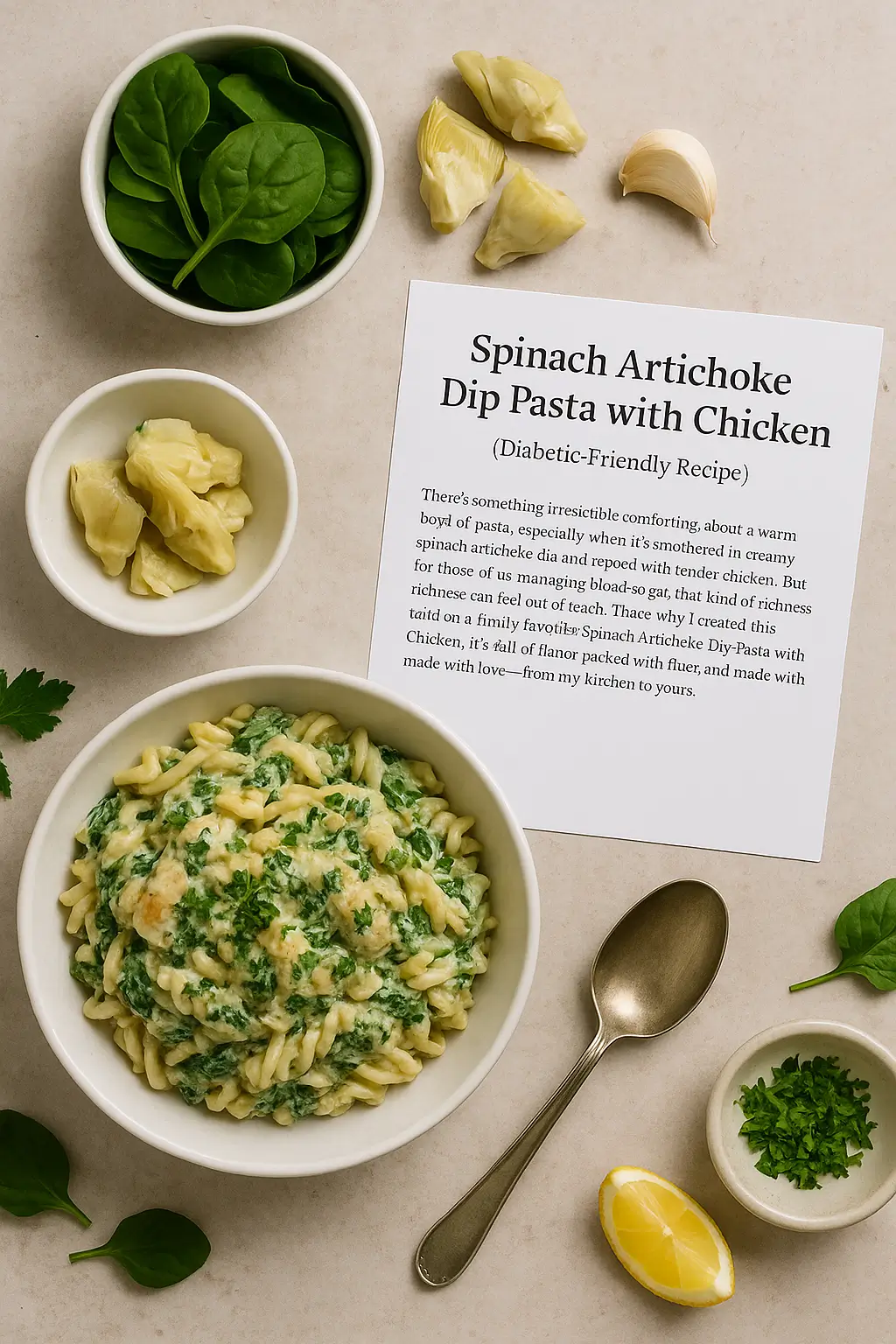 spinach artichoke dip pasta with chicken recipe card layout