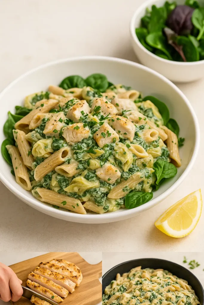plated spinach artichoke dip pasta with salad