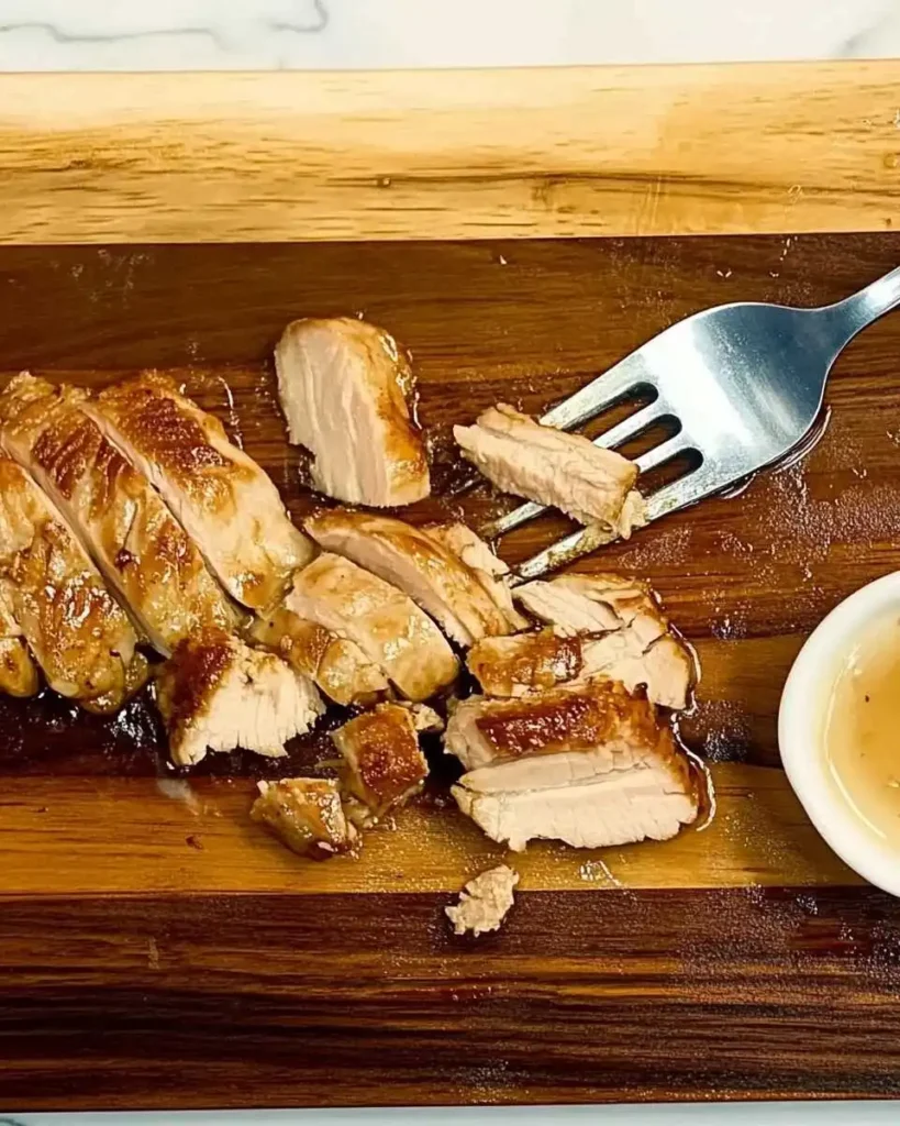 Grilled chicken sliced on a cutting board with teriyaki glaze