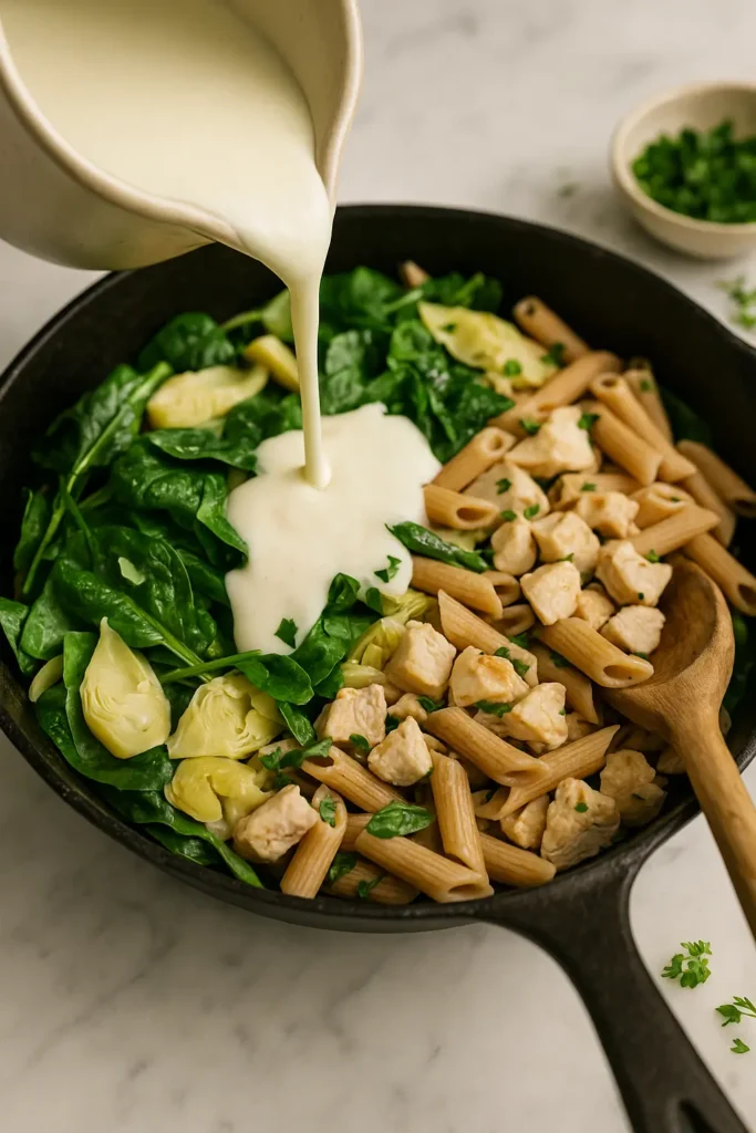 mixing sauce with pasta and chicken in skillet