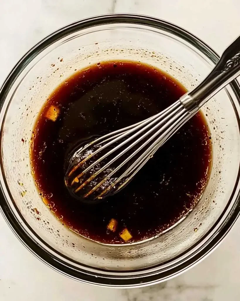 Whisking sugar-free teriyaki sauce in a glass bowl