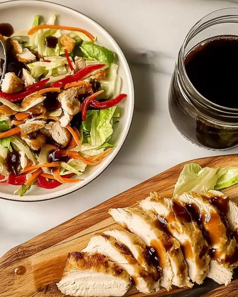 Teriyaki chicken salad served with extra sauce in a jar