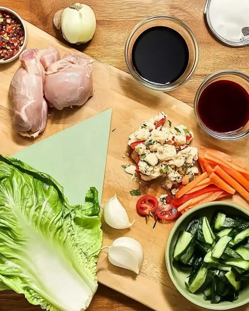 Raw ingredients for teriyaki chicken salad on a wooden board
