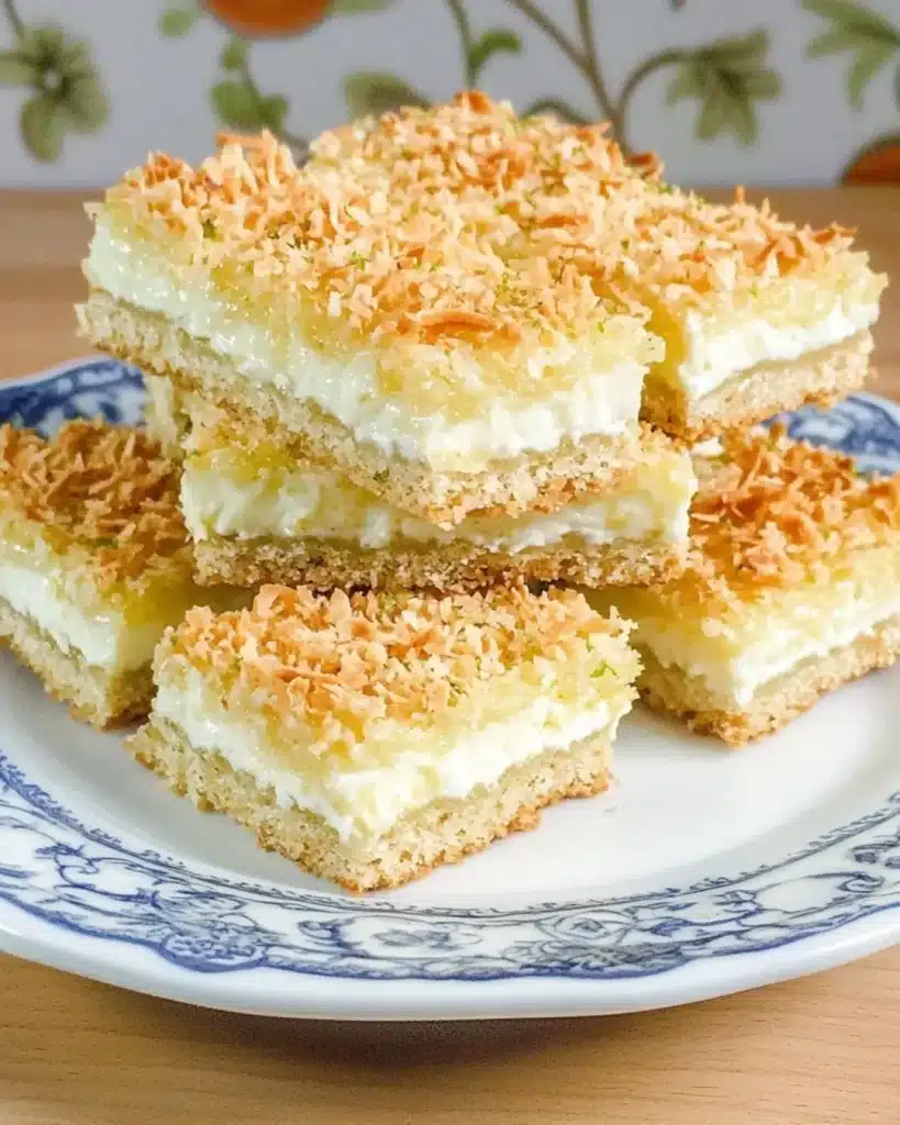 Coconut lime bars with cream layer and toasted coconut topping