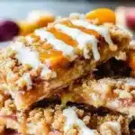 peach oatmeal breakfast bars with glaze and crumble topping