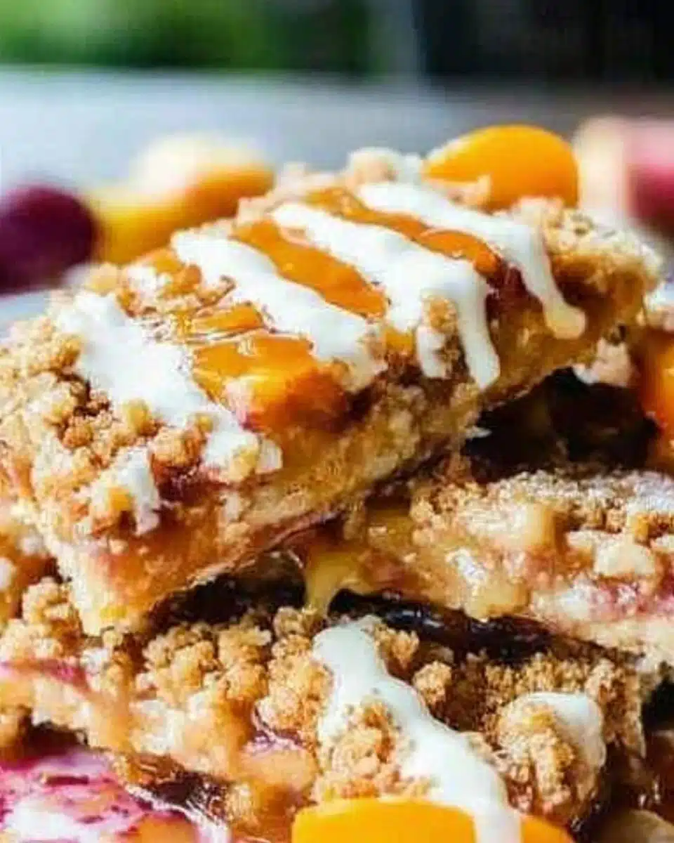 peach oatmeal breakfast bars with glaze and crumble topping