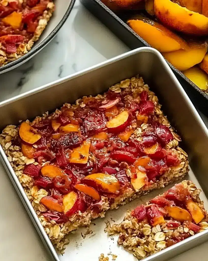 freshly baked peach oatmeal breakfast bars in pan